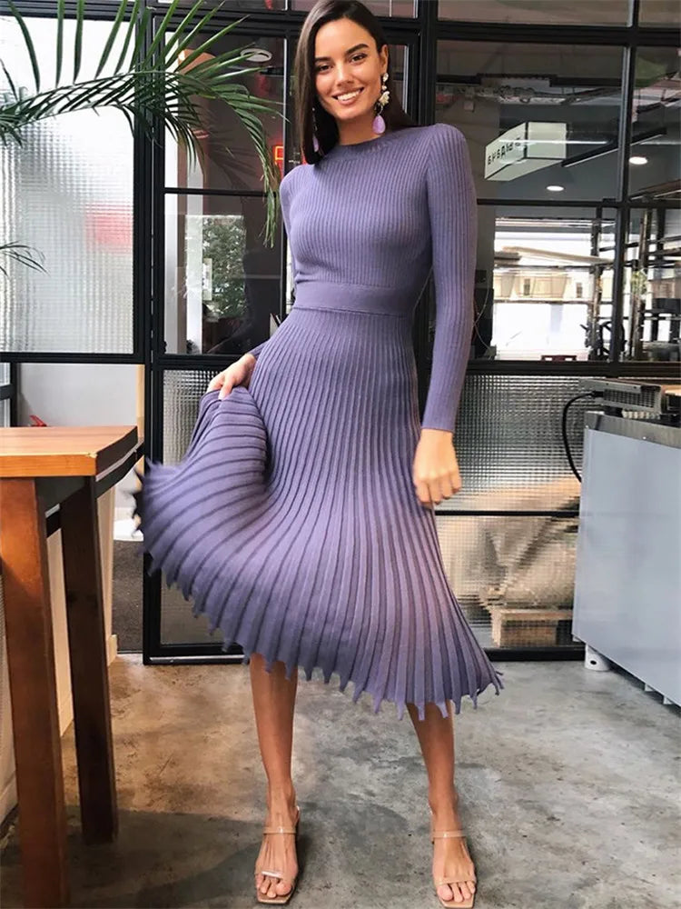Women Knitted Long Dress Ribbed Elegant Midi Bodycon Sweater Dress Official Ladies Bandage Pleated Dresses Streetweear