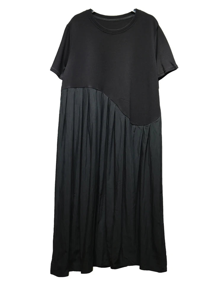 Women Black Irregular Pleated Big Size Midi Dress New Round Neck Short Sleeve Fashion Tide Spring Summer 2025 1DJ0851