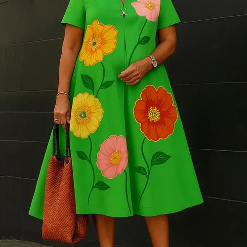 Load image into Gallery viewer, Summer Casual Flower Print A-line Flared Dresses for Womens Shorts Sleeves V-neck Woman Oversize Dresses 2025 New
