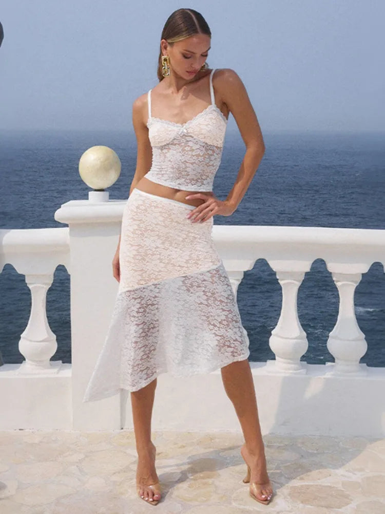 Lace Sexy Two Piece Sets Women Lace Halter Cropped Tops And Skirt Ladies Print Contrast Color Club Party 2 Piece Sets