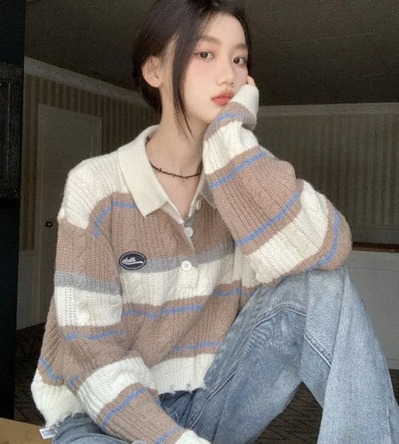 Contrast Color Stripe Pullovers Sweaters Grunge Knitted Loose Vintage Hole Jumpers Y2k Aesthetic Button Crop Tops Women Autumn