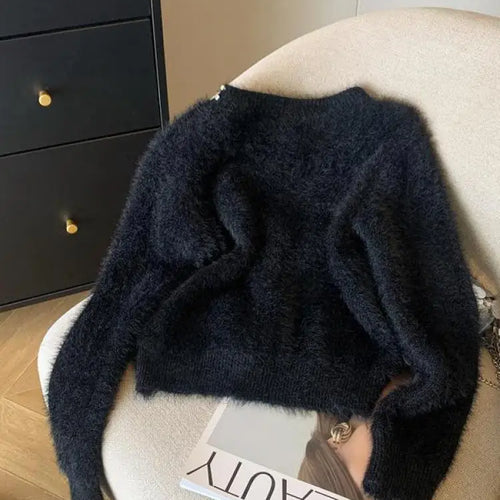 Load image into Gallery viewer, Autumn Winter Sweet Vintage Black White Pearl Knitted Cardigan Top French Fashion Women Single Breasted Long Sleeve Mink Sweater
