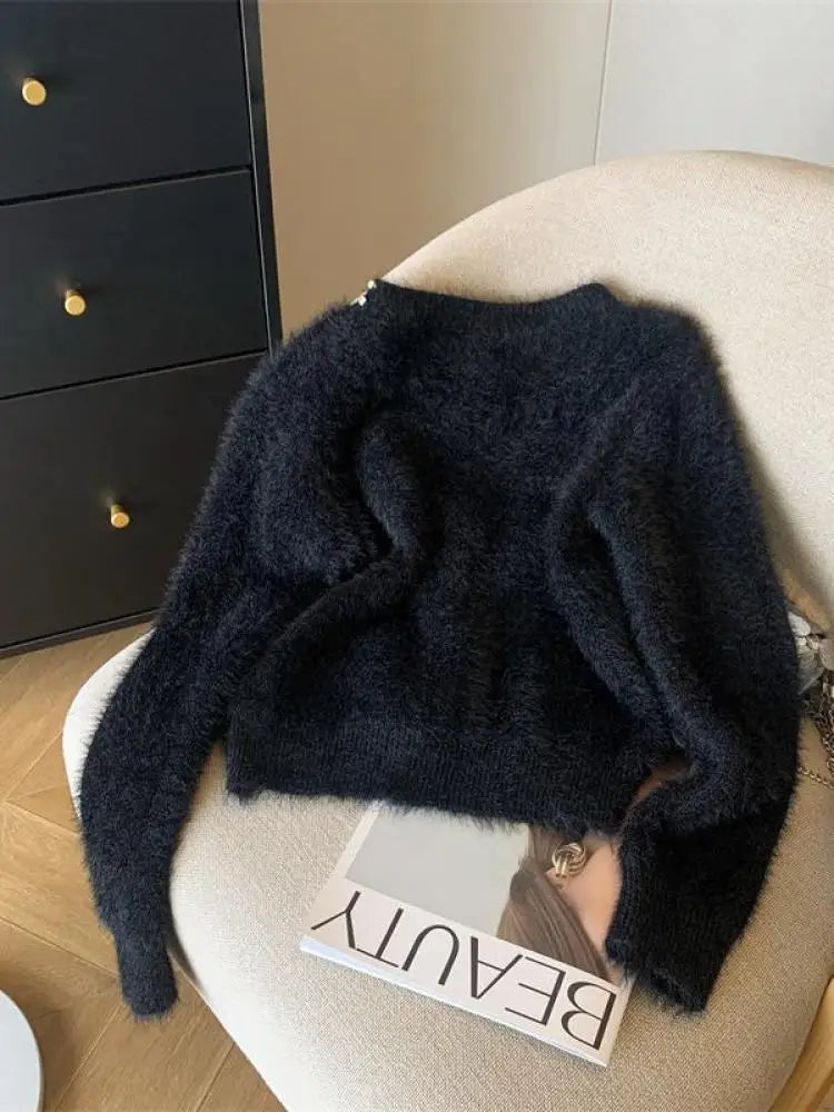 Autumn Winter Sweet Vintage Black White Pearl Knitted Cardigan Top French Fashion Women Single Breasted Long Sleeve Mink Sweater