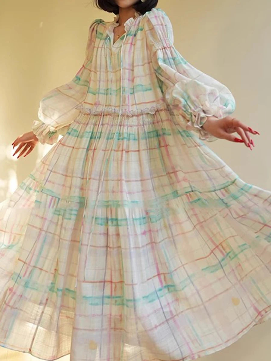 Hit Color Loose Casual Dresses For Women V Neck Long Sleeve High Waist Temperament Dress Female Fashion Style New