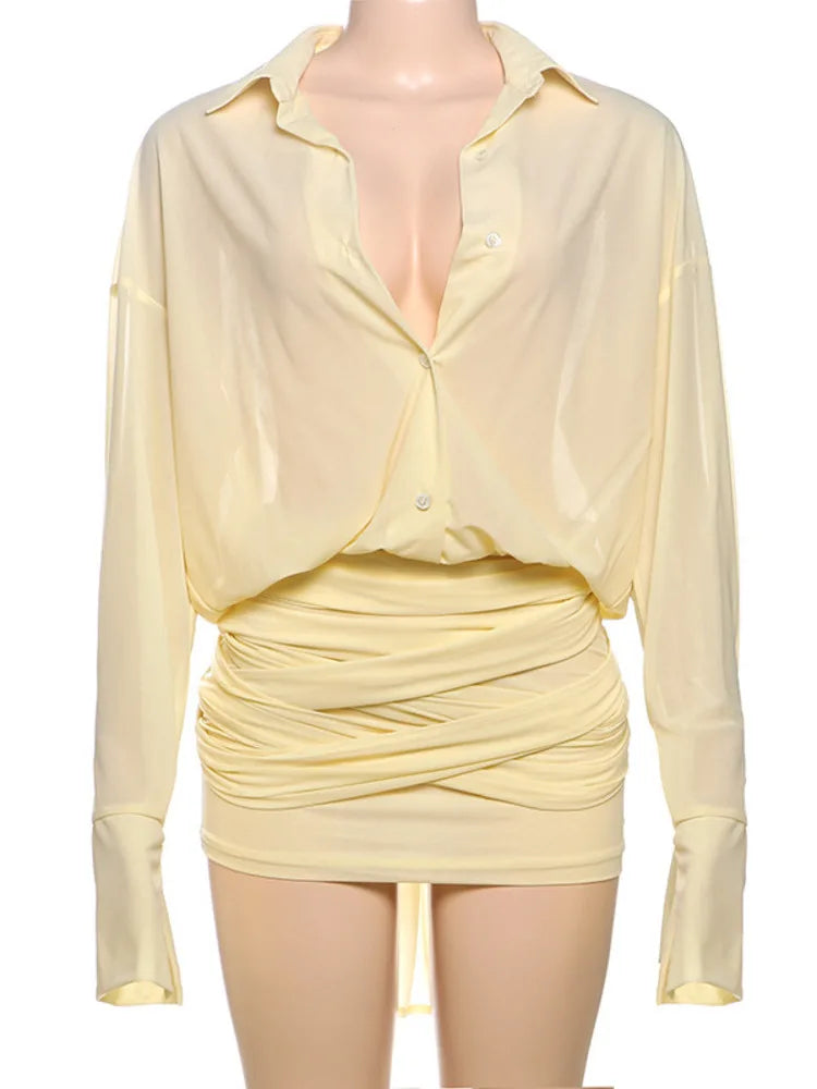 Sexy Long Sleeve Turn-down Colla Bag Hip Strap Shirt Dress For Women See Through Patchwork High Waist Dress Streetwear