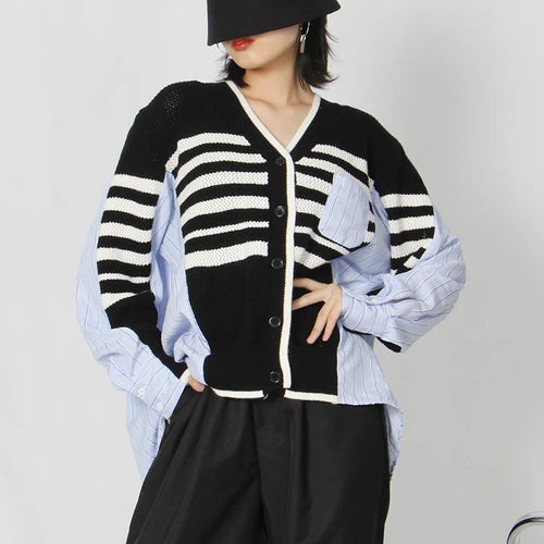 Load image into Gallery viewer, Straight Patchwork Colorblock Shirt For Women V Neck Long Sleeve Striped Blouses Female Clothing Spring Fashion
