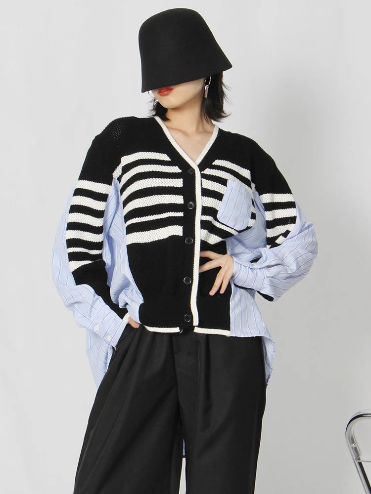 Straight Patchwork Colorblock Shirt For Women V Neck Long Sleeve Striped Blouses Female Clothing Spring Fashion