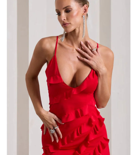 Elegant Spaghetti Strap Backless Charming Dress For Women 2024 Summer Sexy V-neck Ruffle Edge Split Party Evening Dress