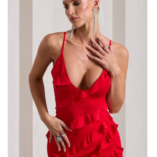 Load image into Gallery viewer, Elegant Spaghetti Strap Backless Charming Dress For Women 2024 Summer Sexy V-neck Ruffle Edge Split Party Evening Dress
