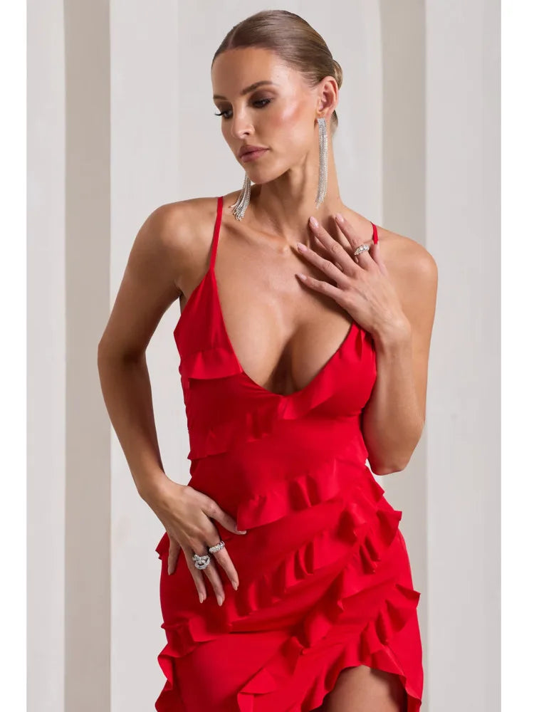 Elegant Spaghetti Strap Backless Charming Dress For Women 2024 Summer Sexy V-neck Ruffle Edge Split Party Evening Dress