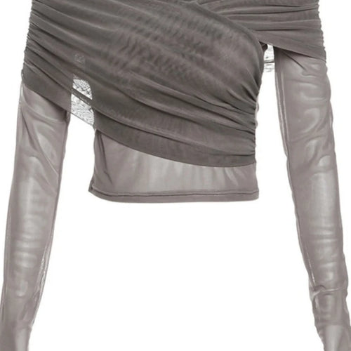 Load image into Gallery viewer, Vintage Slim Women Pleated Long Sleeve T-shirt Sexy Y2k Aesthetic Cross Irregular Tshirts Fashion Hollow Out Trend Chic Crop Top
