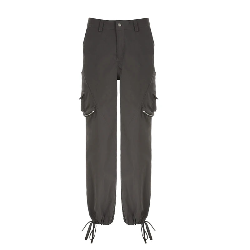 Harajuku Zipper Cargo Trousers Women Solid Low Waisted Multi Pockets Streetwear Baggy Pants Drawstring Techwear Capri