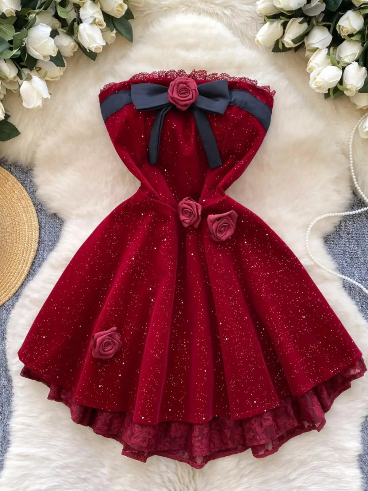 French Women Black Patchwork Bow Backless Birthday Party Strapless Short Dress Summer Red Velvet Flower Decorate Pleated Dresses