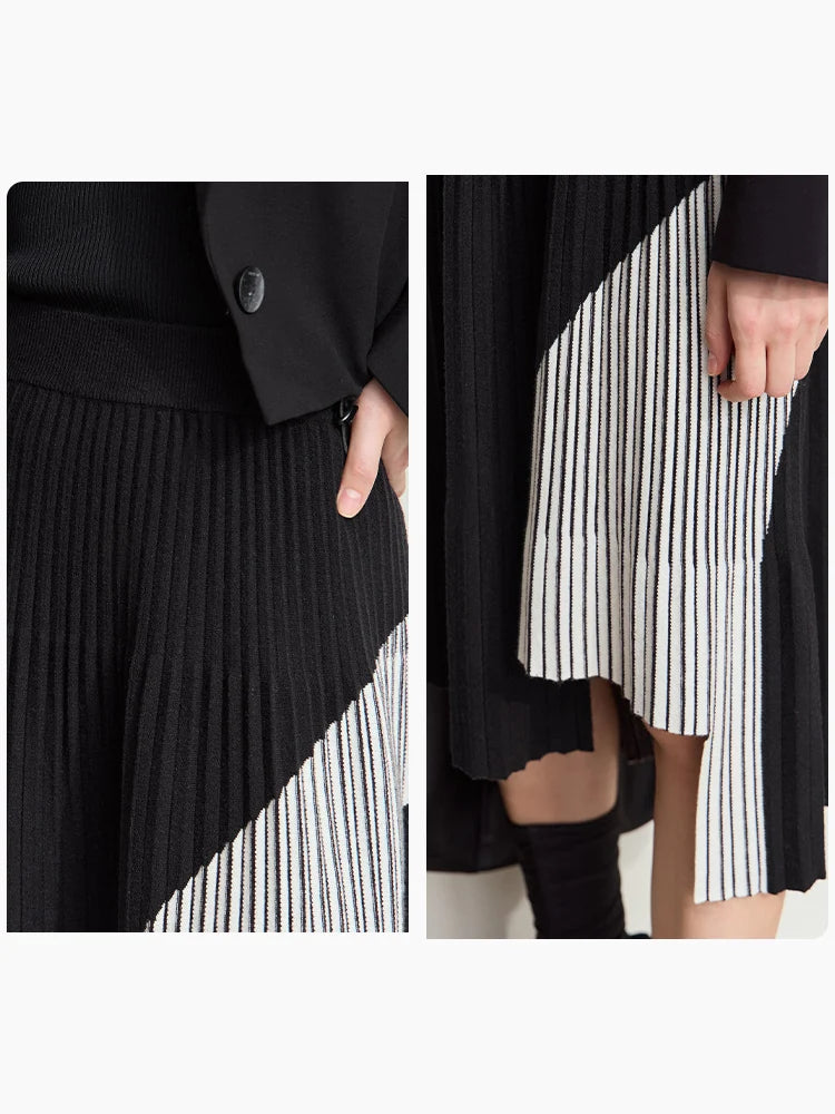 Women's Minimalise Patchwork Skirts 2024 Winter Versatile A Line Pleated Irregular Female Commuter Knitted Skirt 12424047