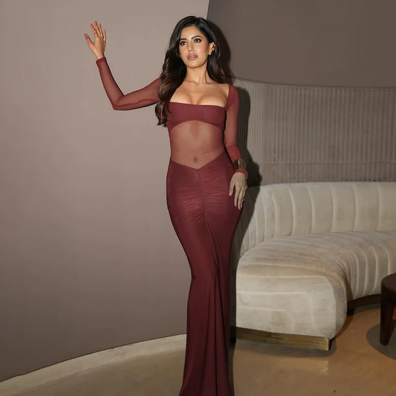 See Through Mesh Sexy Maxi Dress For Women Fashion Square Collar Long Sleeve Ruched Bodycon Club Party Long Dress