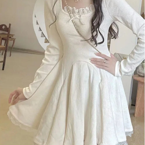 Load image into Gallery viewer, Knitted Kawaii Lace Dress Women Knit Wrap Short Dresses Party Evening Korean Fashion Knitwear Autumn Robe Female
