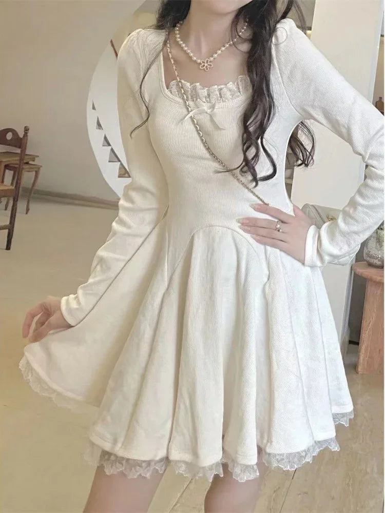 Knitted Kawaii Lace Dress Women Knit Wrap Short Dresses Party Evening Korean Fashion Knitwear Autumn Robe Female