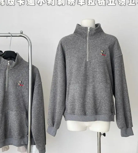 Korean Grey Dog Embroidery Half Zipper Stand Collar Sweatshirt Women 2024 Autumn Winter Beige Loose Pullover Long Sleeved Tops