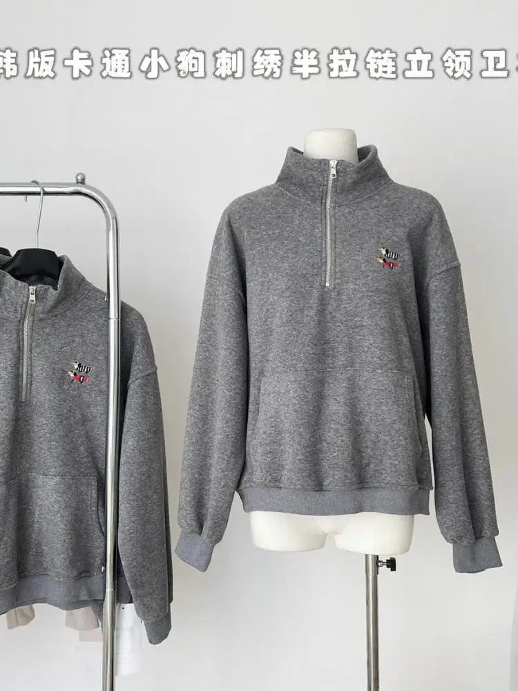Korean Grey Dog Embroidery Half Zipper Stand Collar Sweatshirt Women 2024 Autumn Winter Beige Loose Pullover Long Sleeved Tops