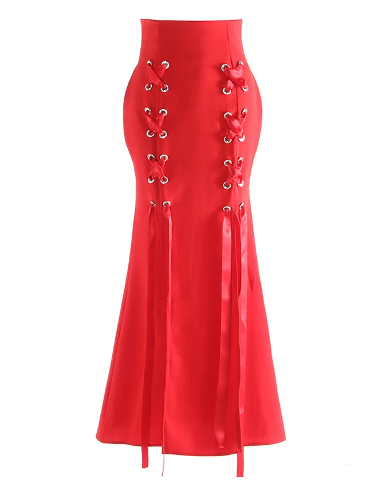 High Waist Black Bandage Slit Chiffon Long Mermaid Half-body Skirt Women Fashion Tide New Spring Autumn 2025 1DJ0911