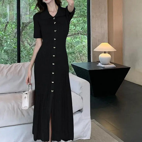Load image into Gallery viewer, Spring Summer 2025 New Korean Style Black Beige Slim Short Sleeves Dress Women Fashion Green Elegant Single Breasted Long Dress
