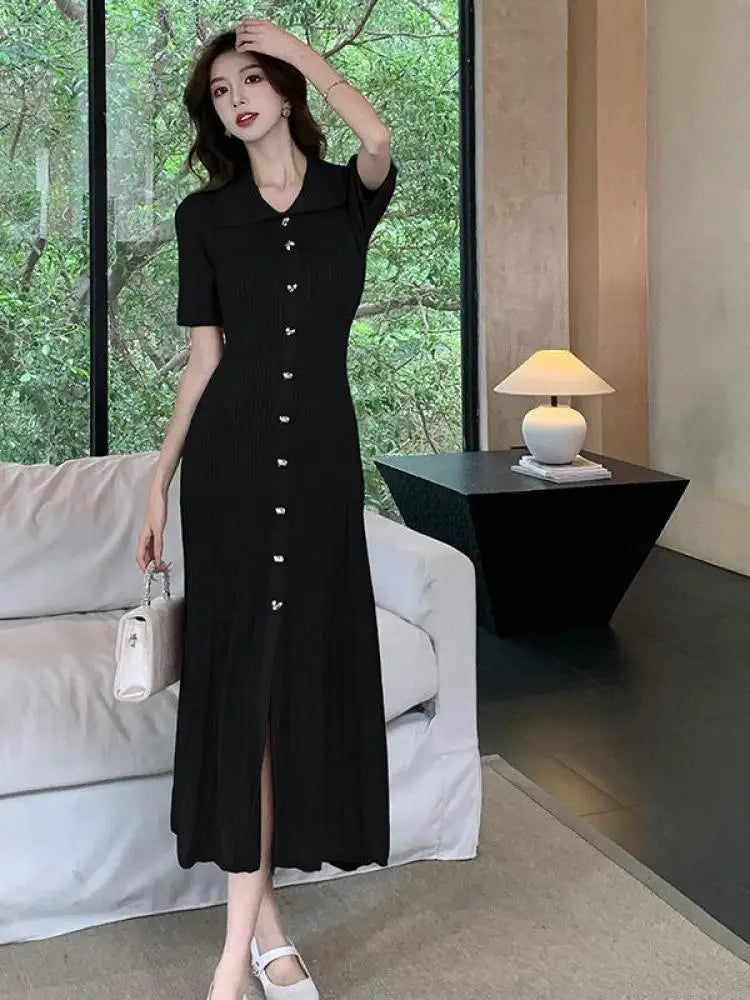 Spring Summer 2025 New Korean Style Black Beige Slim Short Sleeves Dress Women Fashion Green Elegant Single Breasted Long Dress