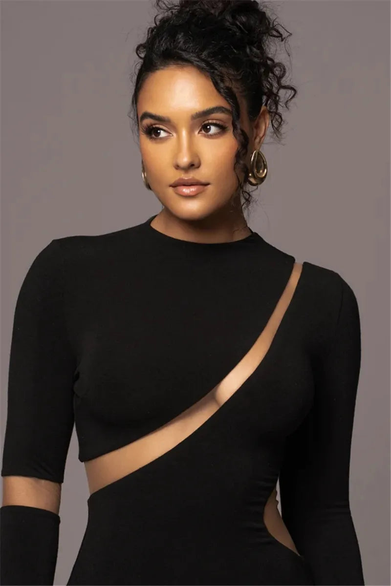 Turtleneck Long Sleeve Bodycon Maxi Dress For Women Autumn New Patchwork Hollow Out Club Party Sexy Long Dress Vestidos