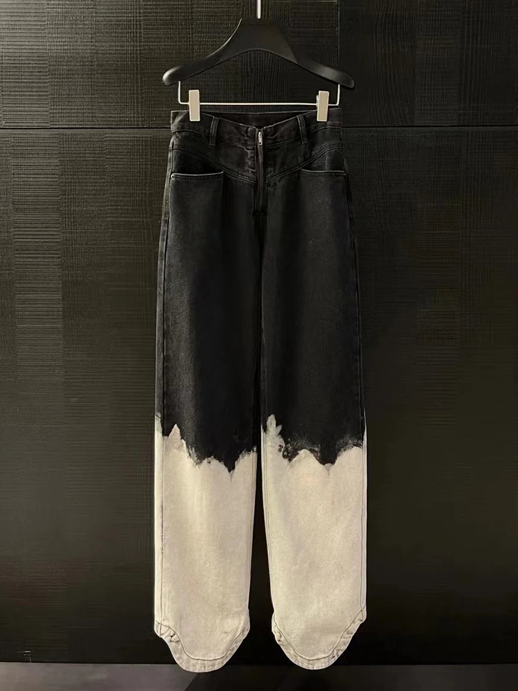 Colorblock Loose Patchwork Zipper Casual Denim Pants For Women High Waist Streetwear Wide Leg Jeans Female Fashion