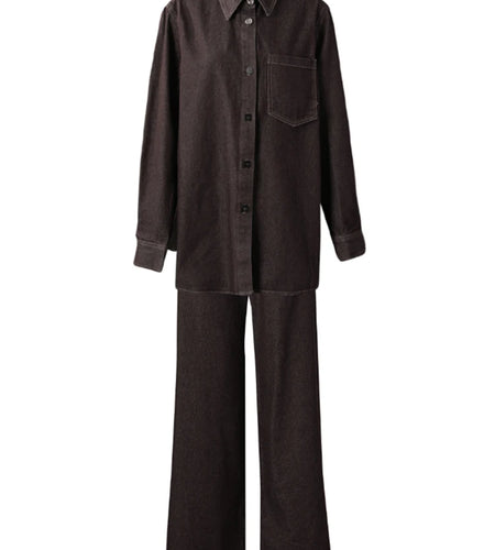 Big Size Denim Shirt Wide Leg Pants Two Piece Suit New Lapel Long Sleeve Women Fashion Tide Spring Autumn 2025 CPG2885