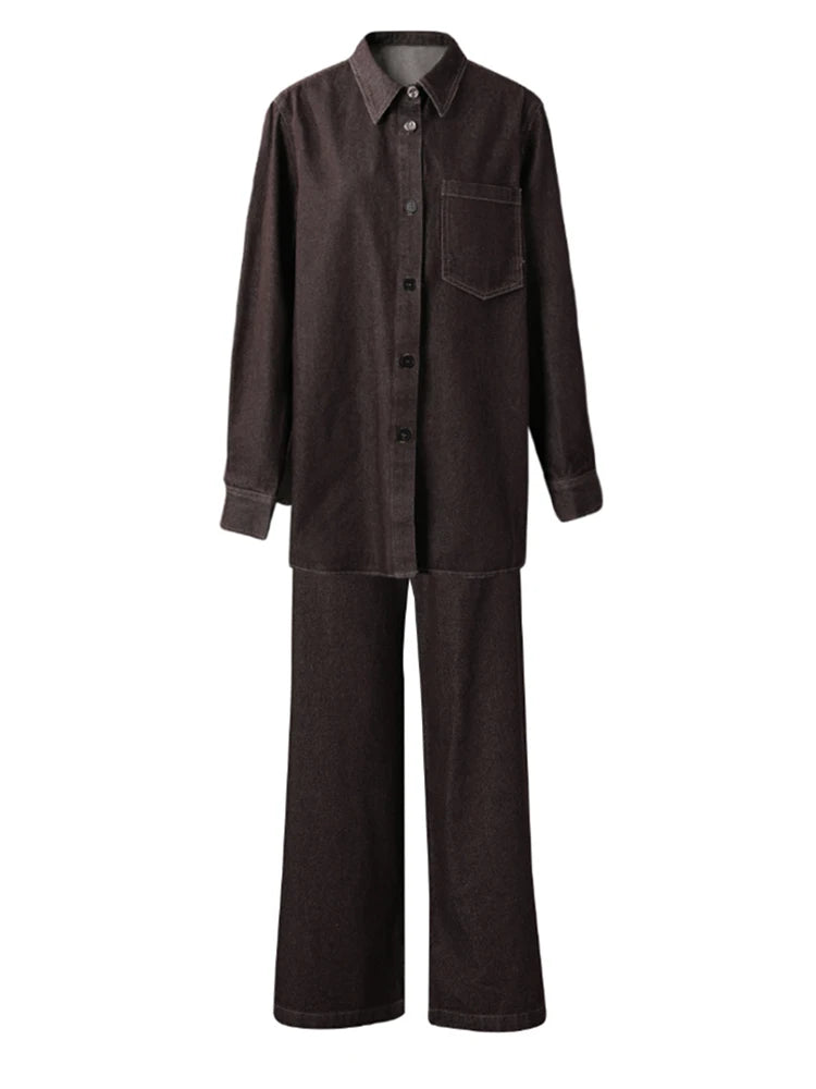 Big Size Denim Shirt Wide Leg Pants Two Piece Suit New Lapel Long Sleeve Women Fashion Tide Spring Autumn 2025 CPG2885