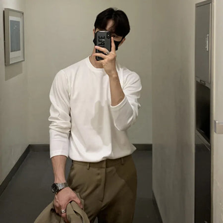 Minimalist Men's T-shirts Round Neck Long Sleeve Casual Clothing Solid Color Loose Male Tees Simple Summer 9C6423