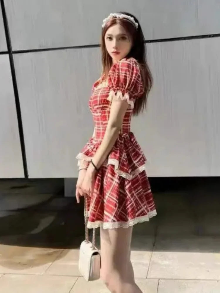 Sweet Kawaii Lolita Dress Plaid Strip Cute Princess Vintage Elegant Party Lace Mini Short Dresses Puff Sleeve
