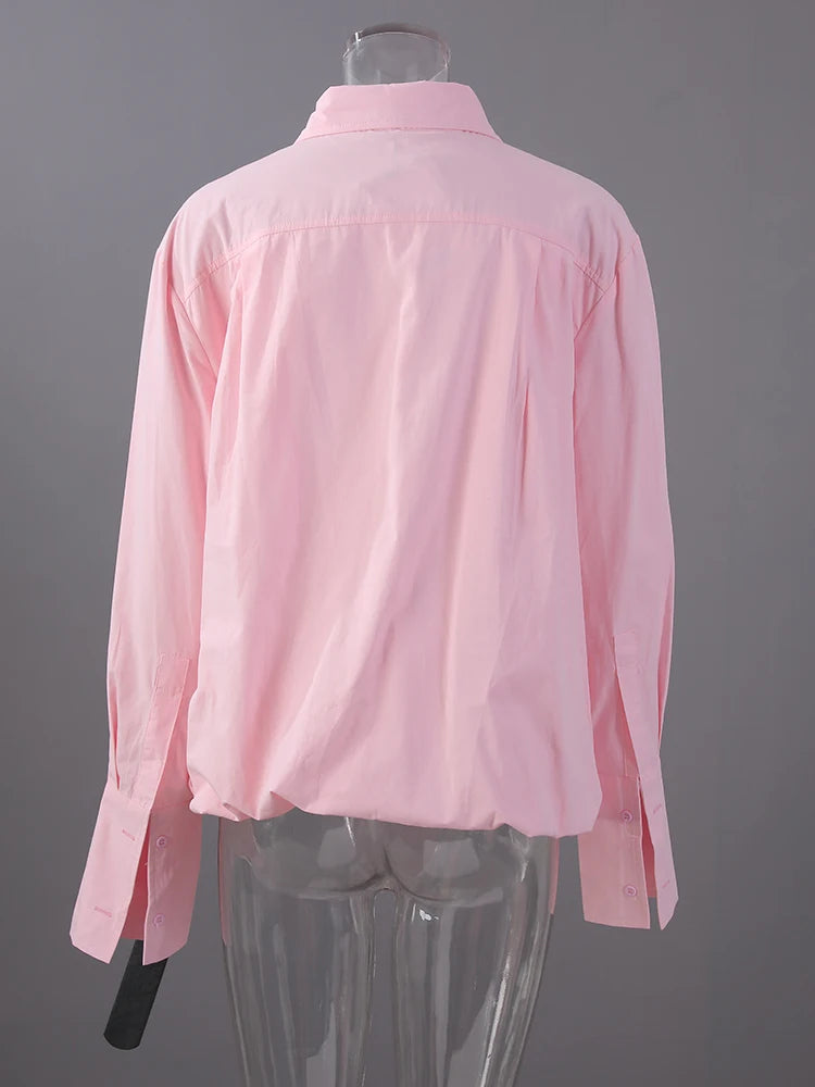 Women Pink Color Belted Irregular Big Size Bud Blouse New Lapel Long Sleeve Shirt Fashion Tide Spring Autumn 2025 7AB6480