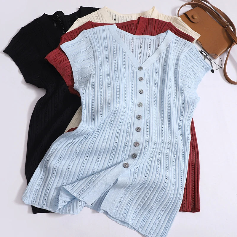 Women Solid Single Breasted Slim Hollow Out Knitted T-shirt Summer Short Sleeve V-neck Cardigan Tops 2024 Versatile Fashion New