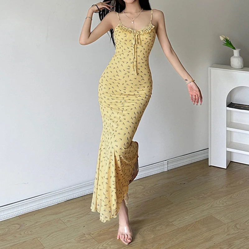 Spaghetti Strap Fashion Slim Summer Mesh Dress Women Holidays Sexy Ruffles Sexy Long Dress Double Layer Elegant Chic