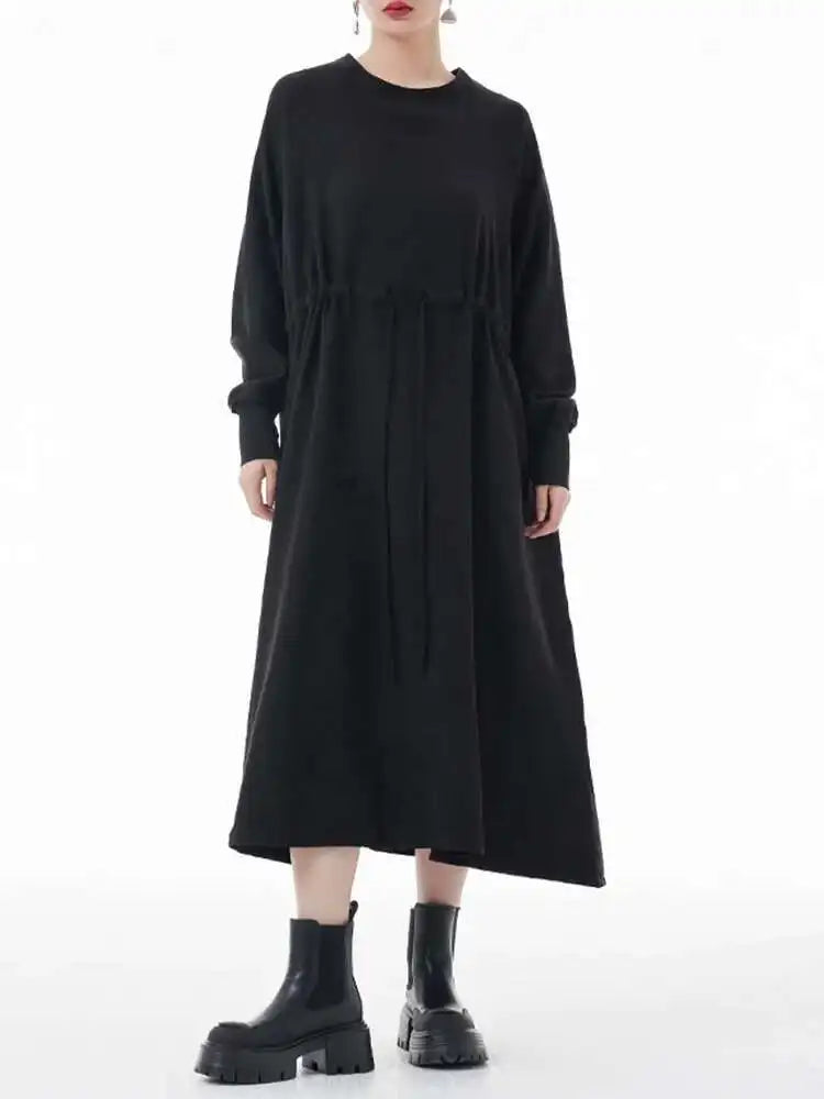 Women Army Green Big Size A-line Long Dress New Round Neck Long Sleeve Loose Fashion Tide Spring Autumn 2025 1DH3874