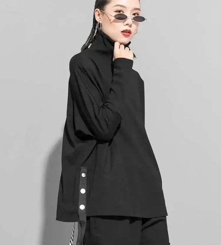 Women Black Irregular Ribbon Big Size Casual T-shirt New Turtleneck Long Sleeve Fashion Tide Spring Autumn 2025 1DF5280