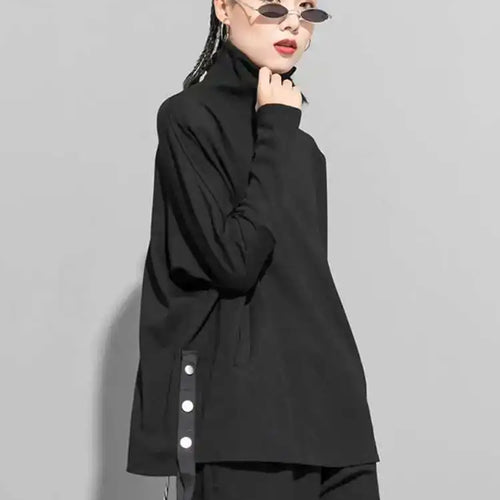 Load image into Gallery viewer, Women Black Irregular Ribbon Big Size Casual T-shirt New Turtleneck Long Sleeve Fashion Tide Spring Autumn 2025 1DF5280
