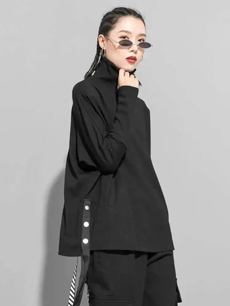 Women Black Irregular Ribbon Big Size Casual T-shirt New Turtleneck Long Sleeve Fashion Tide Spring Autumn 2025 1DF5280