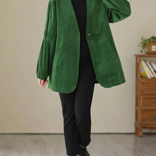 Load image into Gallery viewer, Women Green Retro Artistic Corduroy Blazer Jacket Spring Autumn V Neck Long Sleeve Versatile Loose High-end Workwear Suit Coats
