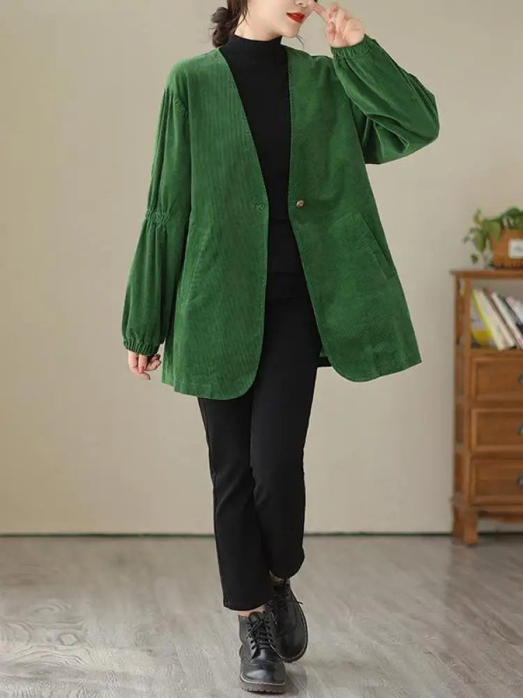 Women Green Retro Artistic Corduroy Blazer Jacket Spring Autumn V Neck Long Sleeve Versatile Loose High-end Workwear Suit Coats