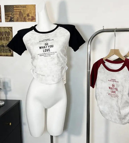 Women Round-neck Letter Print Pleated Tops Summer Casual Patchwork Short Sleeve Slim Holiday T Shirt Y2k Fashion Clothes Popular