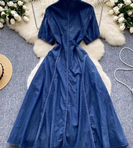 Vintage Chinese Style Summer Blue Embroidery Pleated Denim Long Dress Women Elegant Short Sleeve Princess Party Evening Dresses
