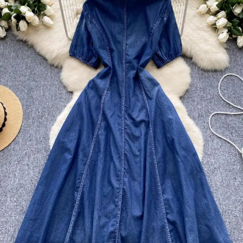 Load image into Gallery viewer, Vintage Chinese Style Summer Blue Embroidery Pleated Denim Long Dress Women Elegant Short Sleeve Princess Party Evening Dresses

