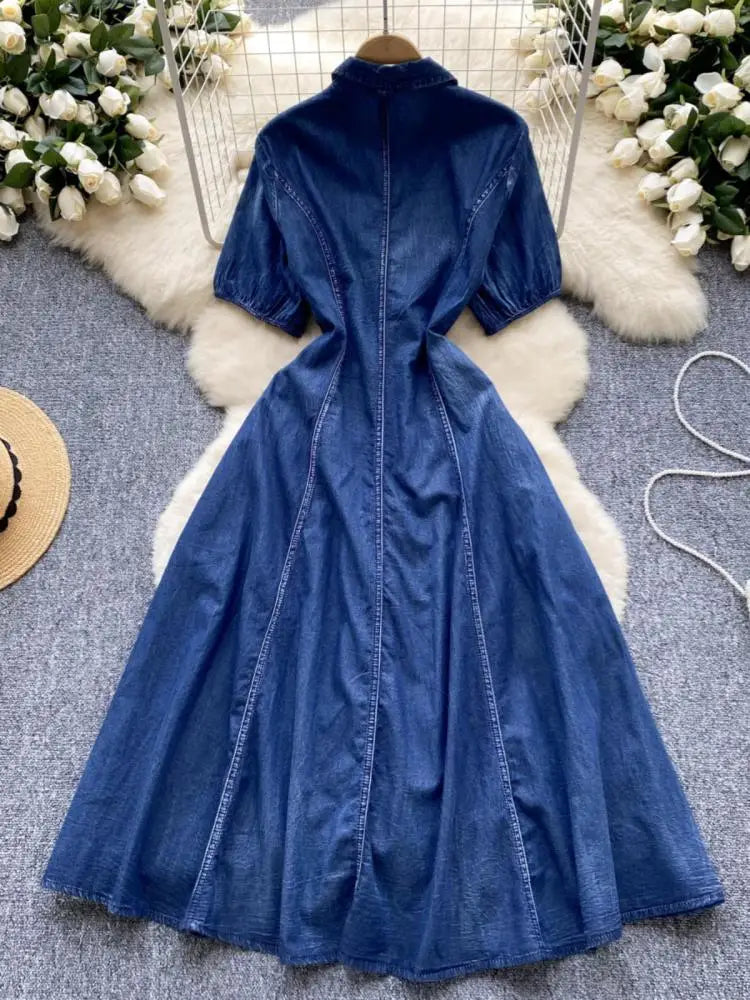 Vintage Chinese Style Summer Blue Embroidery Pleated Denim Long Dress Women Elegant Short Sleeve Princess Party Evening Dresses