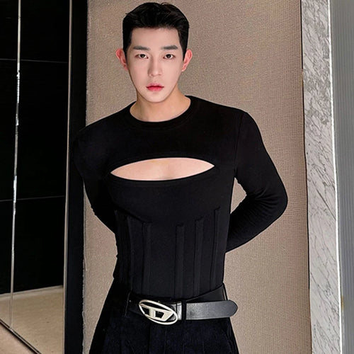 Load image into Gallery viewer, Male T-shirt Personality Close-fitting Hollow Out Girdling Round Collar Solid Color Men&#39;s Long Sleeve Tops Chic 9C4789
