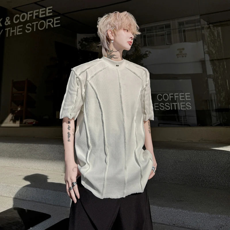 Men's T-shirts New Summer Solid Color Round Neck Handmade Nail Bead Seam Design Male Short Sleeve Trendy Menwear 9W1794