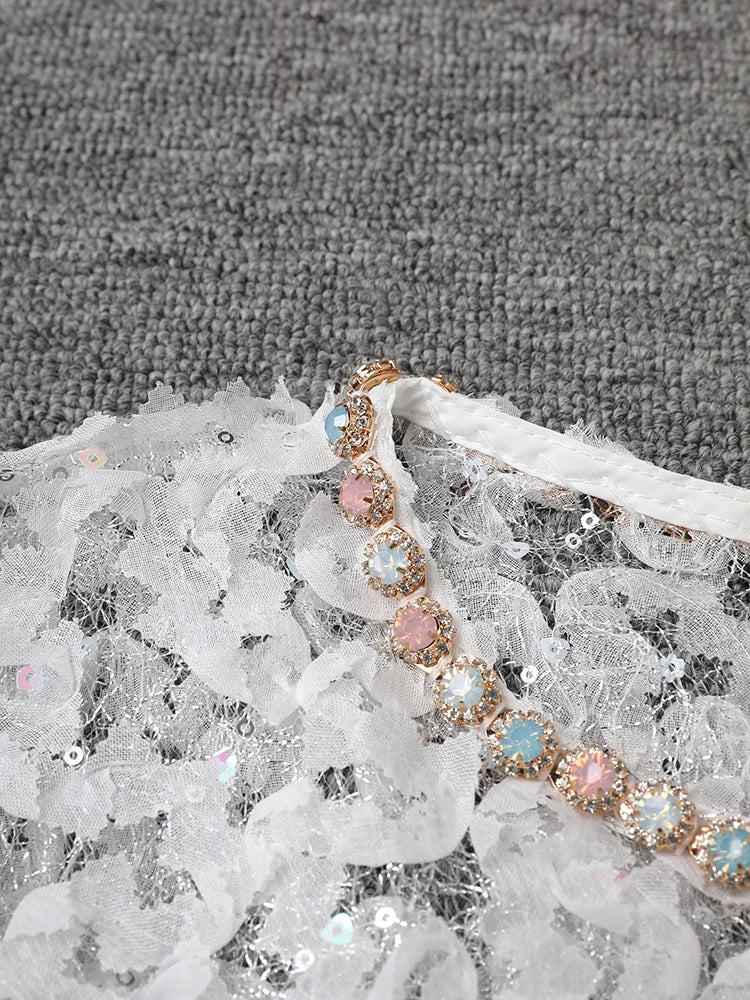 Women White Lace Rhinestones Elegant Slim Mini Dress New Round Neck Short Sleeve Fashion Tide Spring Summer 2025 CPG2980