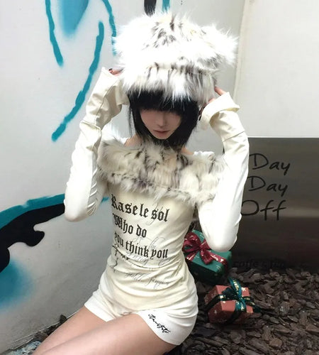 Japanese Y2k Fur Collar Tops 2000s Aesthetics Off Shoulder Knit Tops Vintage Harajuku Letter Print Long Sleeve T-shirt