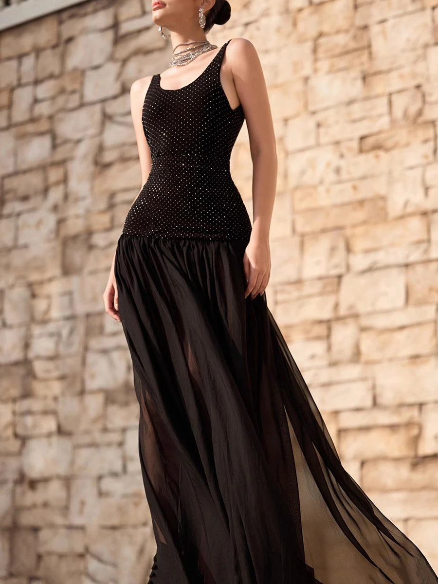 Wave Point Two Piece Sets for Women Square Neck Sleeveless Top High Waist Sheer Spliced Folds Skirt Set Female New